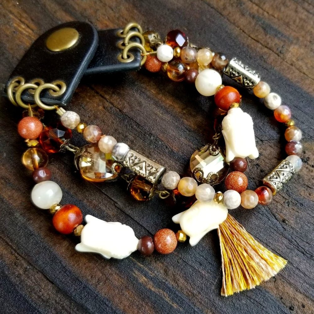 Artisan, Hand Crafted Bracelet. Multi Strand. Buddha. Faux Leather Snap Closure.